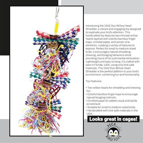 1042 Double Willow Heart Shreddy Bird Toy - Bamboo Finger Traps & Crinkle Paper Cardboard Shreds - Engaging Parakeet Bird Cage Accessories - Natural Foraging Parrot Toys for Cockatiel & Conure