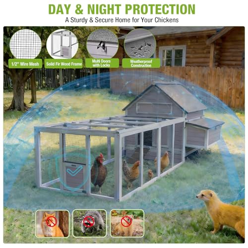 GUTINNEEN 119" Large Chicken Coop with Run, 35.4ft² Overall Space for 4-6 Chickens, Outdoor Mobile Wooden Hen House & Duck Coop on Wheels with Wire Fence Run, Removable Tray & 2 Nesting Boxes - color: Grey with Run 35.4ft²
