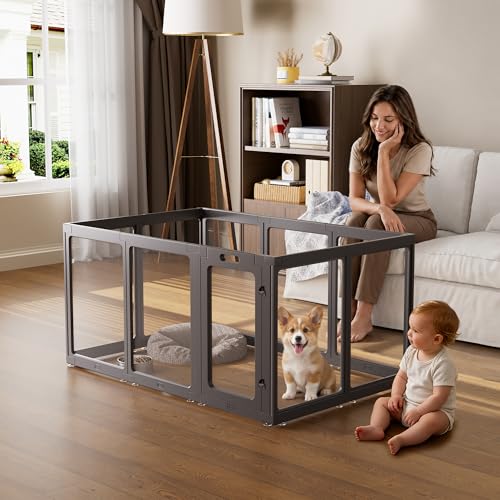 Clear Acrylic Dog Playpen Indoor, Puppy Cat Small Pet Play Pen, Pet Cat Playpen for Rabbits, Dog Fence Crate Kennel Whelping Cage (30", Black, 10 Panel) - color: Black, size: 30"H