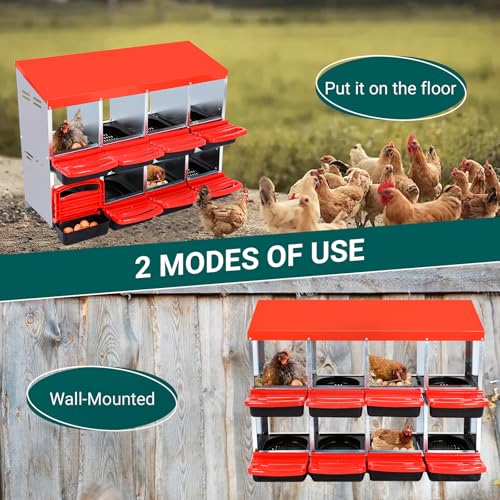 8-Hole Chicken Nesting Box with Removable Lid, Metal Chicken Coop with Roll Away Design/Easy Egg Collection/Ventilation Holes, for Chicken Coops, Duck Coops and Hens - color: Red, size: 8 holes without legs
