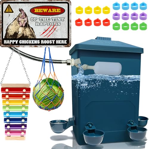 Chicken Waterer with Float Controlled Automatic Set, Chicken Coop Accessories - No Manual Water refilling Needed, 4 Gallon（Compatible with 5/8-inch and 3/4-inch Water Pipes, 60-inch Water Supply Pipe - color: Navy Blue