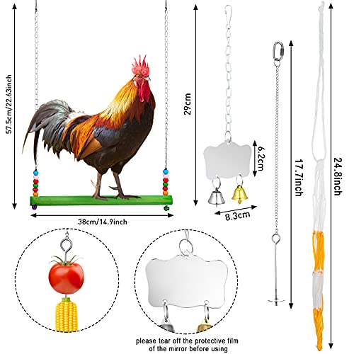 Gejoy 6 Pieces Chicken Toys for Coop Accessries Wooden Stand Mirror with Bells Coop Swing Veggies Fruit Skewer Vegetable Hanging Feeder Chewing Foraging Toys for Chicken