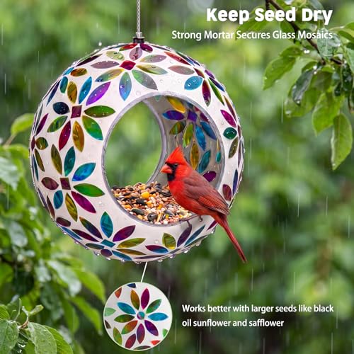 VCUTEKA Bird Feeder Fly Through Mosaic Hanging Birdfeeders for Garden Decor | 7 inch Mosaic Glass Bird Feeeder for Outdoors, Round Shape Glass Container to Attract Wild Birds for Backyard Porch Decor - color: White