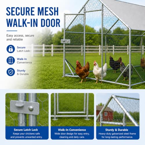 Large Metal Chicken Coop Run with Removable PE Cover, Walk-in Galvanized Steel Poultry Enclosure with PVC-Coated Wire Mesh and Lockable Door for Chickens, Ducks and Rabbits (10'Lx6.6'Wx6.56'H) - size: 10'Lx6.6'Wx6.56'H