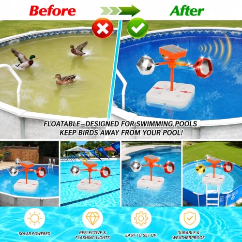 YouTeMei Solar Powered Pool Bird Frightening Tool with Rotating Reflective Lenses & Sound Function, Water-Filled Rubber Floating Base for Pool Pond Lake Boat Garden