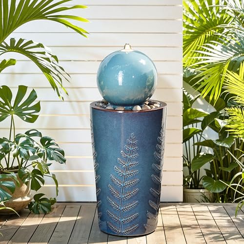 Autodaya 30" Sphere Outdoor Water Fountain, Teal Blue Ceramic Glaze | Modern Nature-Inspired Design with Leaf Patterns & Pebbles, Soothing Trickling Water Feature for Patio, Yard, Garden, Porch - color: 29.5"h-sphere Teal Blue Glaze