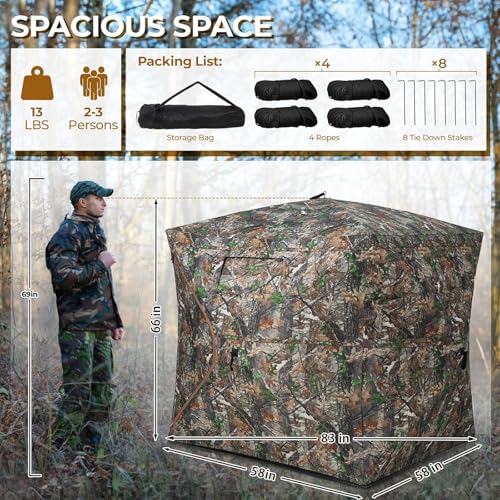 Portable Hunting Blind - 270°/360°See Through with Waterproof Floor Mat | Detachable Ground Mat, Silent Adjustable Windows, Pop Up Ground Blind for 2-4 Person, Camouflage Shelter for Turkey Deer - size: 2-3 Person（270°See Through）