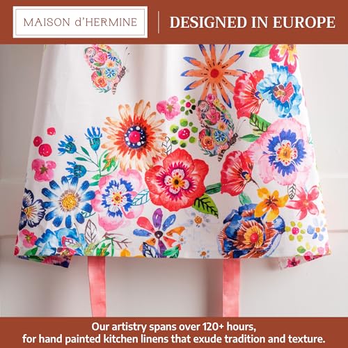Maison d' Hermine Aprons for women with Pocket 100% Cotton (27.50"x31.50") | Adjustable Neck Strap & long ties Apron Men Chef Wedding Cooking Gardening Server Maid - color: 026 - Happy Florals - High Summer