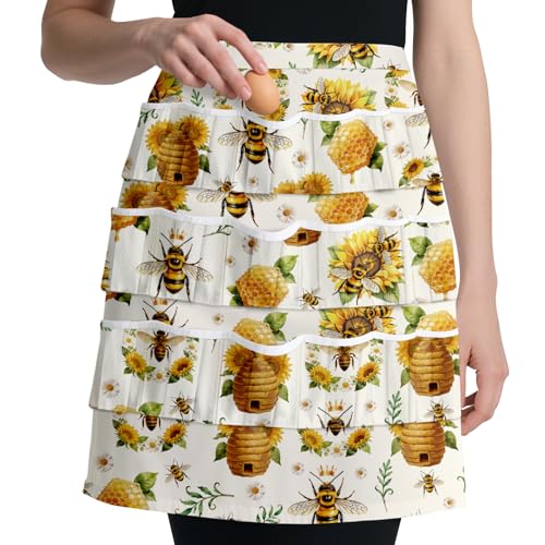 CUTHOLLOW Egg Collecting Apron for Adlut, Housewife, 18 Deep Pockets Hen Egg Gathering Holding Apron with Elastic Closures - style: Bees and Beehive With Sunflower