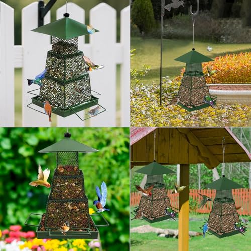 Metal Hanging Bird Feeder with 360° Mesh and 4 Perches | 4lb Seed Capacity, Easy Refill Roof, Weather Resistant, Small Bird Friendly, Ventilated Design, Durable Metal Build - color: Green