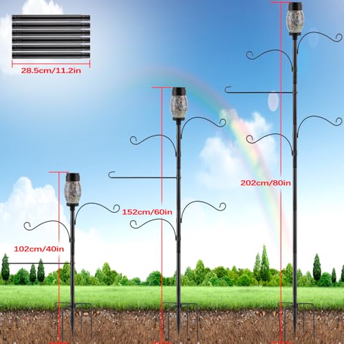 Camii Solar Shepherds Hooks for Outdoors, 80" Bird Feeder Pole with Light, Flag Holder, 5 Prongs Base, Garden Flag Holder for Hook Bird Feeder, Plant Baskets, Lantern