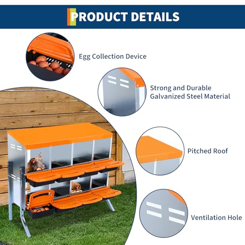 Chicken Nesting Box, 8-Hole Roll Away Egg Laying Box with Lid, Galvanized Steel Rustproof Design - Easy Egg Collection, Easy Clean with Bracket Legs, Orange - color: orange, size: 8 HOLES WITH LEGS