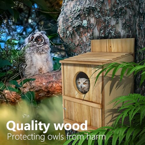 Owl House,Wooden Owl Box,Owl Houses for Outdoors, Suitable for Screech Owl Nesting Box and Kestrels, Easy Assembly with Circular Opening, Includes Mounting Screws and Wood Shavings