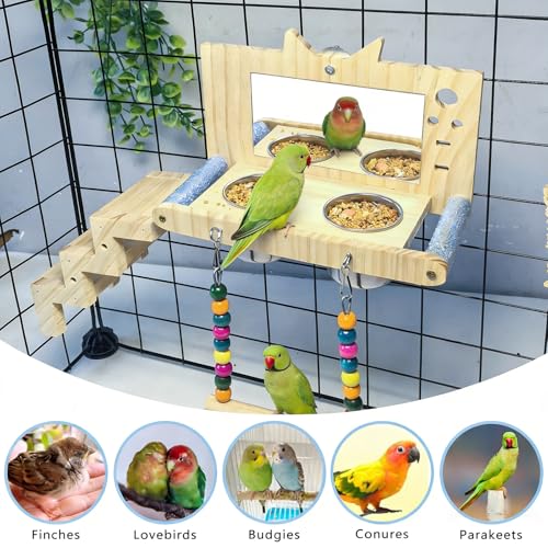 Bird Perch Platform with Mirror Ladder Swing Bowl,Parrot Play Gym Cage Toys | Bird Wood Playing Exercise Stands Perches,Parakeet Climbing Ladder Playground Cage Accessories for Cockatiel Budgie Lovebird - size: Bird Perch Platform with Mirror Ladder Swing