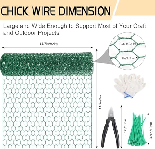 Chicken Wire 15.7in x 118in Floral Chicken Wire Mesh 0.8in | with a Pair of Gloves，1 Wire Cutter，50 Pcs Cable Zip Ties,PVC Coated Garden Netting Fence for Craft Poultry Garden - size: 15.7in x 118in