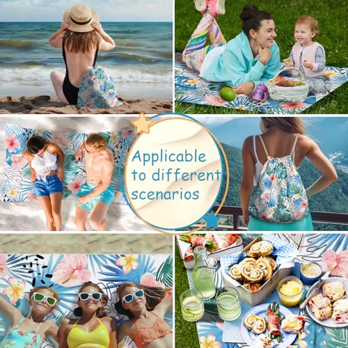 Holiday Beach Towel Bag 2 in 1 Tropical Leaves Beach Towel Backpack Convertible for Women Men - color: Tropical Leaves Blue