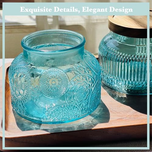 Decorative Blue Glass Jars with Airtight Wooden Lids 2 pack, 25.4 fl. oz | Wide mouth vintage storage canister, kitchen pantry bathroom organization, coffee sugar tea cookie candy candle vase gift - size: 25.4 Ounces, style: Blue 2pc