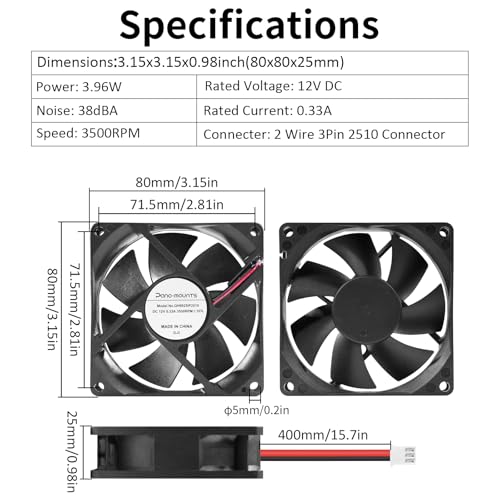 80mm Moisture-Proof 12V High Airflow Cooling Fan 2Wire 3Pin 3500RPM 2-Pack | Compact IP44 Square Fan for High Humidity Areas & Equipment Cooling - PC PSUs, Incubators, RV Fridges, Underground Garages
