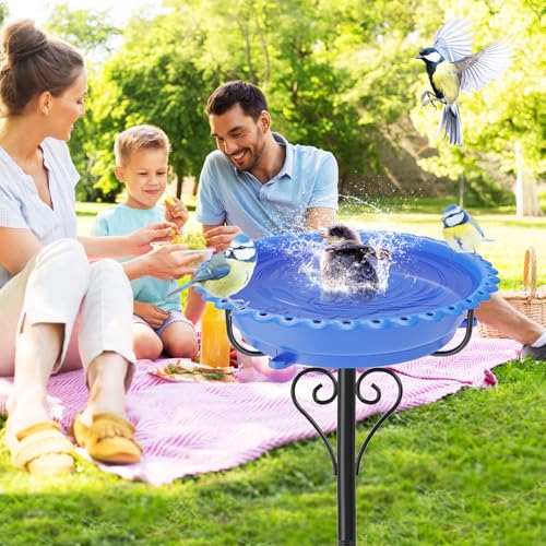 Bird Bath for Outside,12" Plastic Removable Bowl,Blue | Heavy Duty Metal 5 Prongs Base,Easy CLean,Weather-Resistant,Rust-Proof,40" Freestanding Birdbath for Garden Patio Yard Lawn - color: Blue-Freestanding