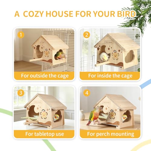 Wooden Bird House with Removable Wood Tray & Stainless Steel Mesh Bottom, DIY Paintable Birdhouse for Lovebirds Budgies Cockatiels Conures, Cozy Bird Nest Indoor Outdoor Use (Wood Tray + Steel Mesh)