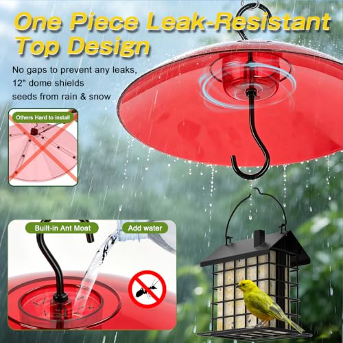 Gtongoko Bird Feeder Cover Dome 12" Red Bird Feeder Rain Guard 1 Pack | Bird Feeder Cover for Rain Red PC Dome Built-in Ant Moat Chew-Resistant Keeps Seed Dry Fits Hanging Bird Feeders - color: Red