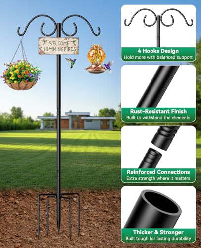 Shepherds Hooks for Outdoor Plant Hanger Hummingbird Feeders for Outdoors | Double Shepherds Hooks ,86 Inch Bird Feeder Pole, Thick Heavy Duty Bird Feeder Stand with 5-Prong Base,Solar Light,2 Pack - size: 86inch-2pack