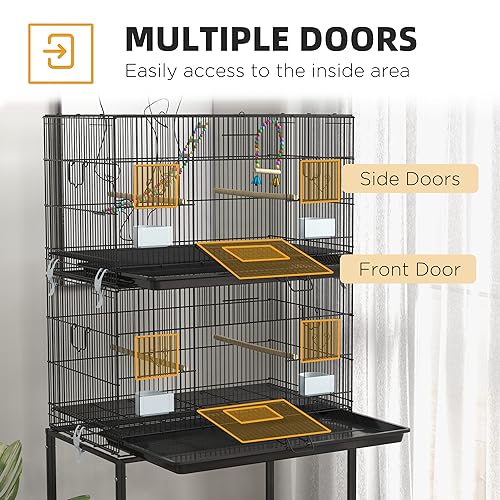 PawHut Double Stackable Bird Cage with Stand for Canaries, Lovebirds | Wooden Swing, Rope Ladder & Wheels, Budgie Cage, Storage Shelf, Removable Tray, Wooden Perches & Food Containers, Finches