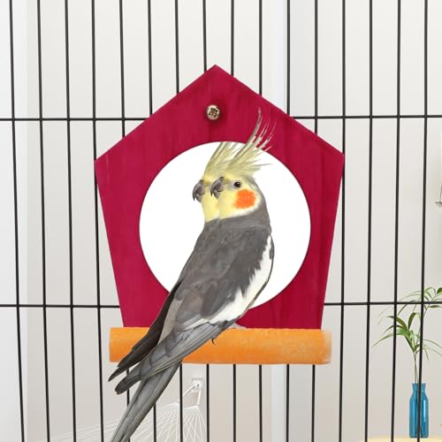 Hypeety Bird Mirror Toy with Perch Cage Standing Perch Wood Toy for Parrots | Natural wooden perch included, clear acylic miror, for parakeet/cockatiel/finch/conure/lovebird, random color, rhombic shape - color: Rhombic Shape