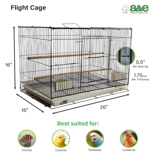 A&E Cage Co 503 Flight Cage – 24"x16"x16" Small Bird Cage with Slide-Out Tray, Wood Perch, Dual Feeding Stations & Carry Handle – Black Powder Coated Cage for Finches, Canaries & Small Birds - color: Black, size: 24.0"L x 16.0"W x 16.0"H