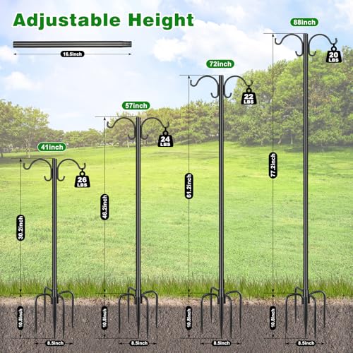 88inch Double Shepherd Hook for Outdoor, 1” Bird Feeder Pole,2Pack | 1in Thick Steel,5-Prong Stable Base,Adjustable Height,20lb Capacity,Ideal For Bird Feeder,Plant & Lantern ,Rust Resistant