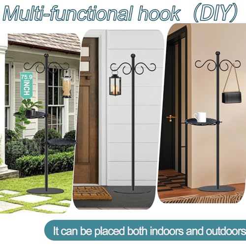 Thickened 74.5" Shepherd's Hook with Stand，Bird Feeder，Wind Chime Hanger Stand, Waterproof Metal & Adjustable-Height Pole Holder for Lantern ，Wreath, Hanging Plants Indoor & Outdoor（2 Placement Racks) - color: Thickened-Dark Black