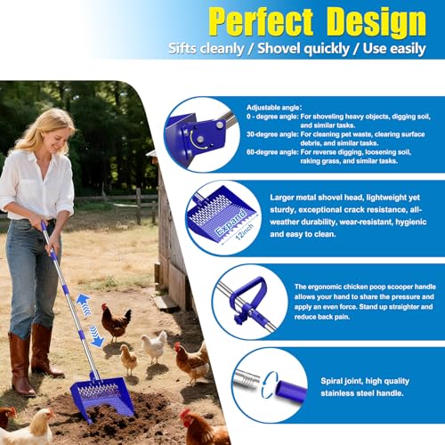 2-in-1 Chicken Poop Scooper & Rake 12-Inch Large Metal Shovel Head Adjustable Stainless Steel Handle (24 to 64") Litter Sifting Shovel Cleaning Tools for Chicken Run, Animal Farm (Blue) - color: Blue