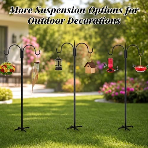 Heavy Duty Shepherds Hook 2 Pack 92" Double Hooks Adjustable (44/60/76/92") - Metal 5-Prong Base, 15lb Capacity - Easy Assembly Bird Feeder Pole for Hanging Planters, Lanterns, Wind Chimes - color: 2-Pack, size: 92" Double Hook