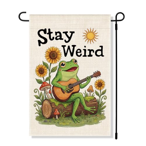 RZHV Stay Weird Double-Sided Garden Flag for Outdoor House Yard Sign Garden Decor Parade, Funny Frog Playing Guitar Sun Vertical Flag, Diversity Inclusive Outdoor Lawn House Patio Banner Decoration - color: Weird A