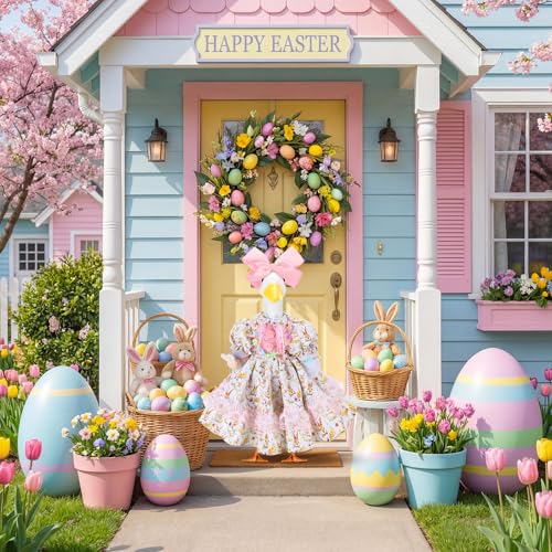 Abbylike 1 Set Easter Bunny Porch Goose Outfit Rabbit Yard Goose Costume Clothes with Bow Headband Fits Large 23'' H Cement for Easter Day Outdoor Patio Garden Lawn Pathway Spring Statue Decor - style: Cute