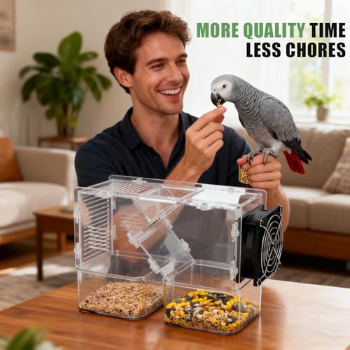Bird Seed Cleaner Machine, Bird Seed Husk Separator with Adjustable Speed Fan, Transparent Acrylic Seed Separator for Parrot, Cockatiel, Parakeet Food, Washable Shell Remover