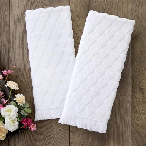 SKL Home Valentine's Day Heart Jacquard 100% Cotton 2pc Hand Towel Set, Decorative for Bath/Kitchen/Bar & Gift, White - color: Heart Jacquard, White