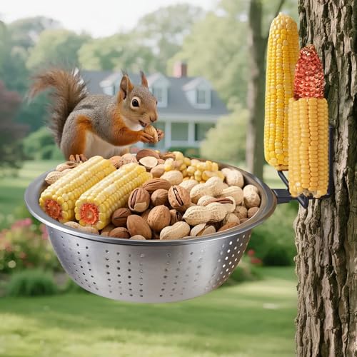 Squirrel Feeder with 8.5" Colander Bowl Tree/Fence Mounted, 2 Corn Cob Spikes for Various Food Backyard, Metal Squirrel Feeders for Outside, Removable Feed Bowl Nice to Clean/Refill,1 Set - size: 1 Stand 1 Bowl