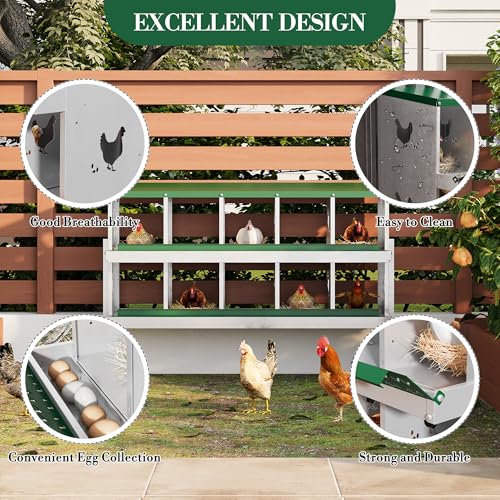 Galvanized Steel Chicken Nesting Box 10 Grids, Metal Egg Laying Boxes for Hens with Hinged Lid and Ventilated Design, Easy Clean Poultry Nest Box for Chicken Coop Accessories, Green,with Legs - color: Green, size: 10 Holes with Legs