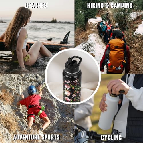 Goth Water Bottle with Straws Insulated Bottle Halloween Gothic Flower Moon Travel Thermal Double Walled Vacuum Cup Leak Proof Stainless Steel Tumbler Witchy Decor Gifts-32 oz - color: Champagne gold black