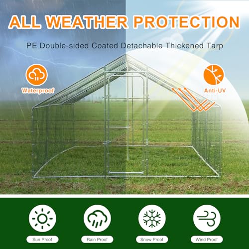 Chicken Coop Large Metal Chicken Run with Chicken Perch, Outdoor Dog Kennel with Roof Waterproof Anti-UV Cover Secure Lock for Outside Backyard Farm (19.7' L x 9.8' W x 6.72' H) - size: 236.2"L x 118.1"W x 78.7"H