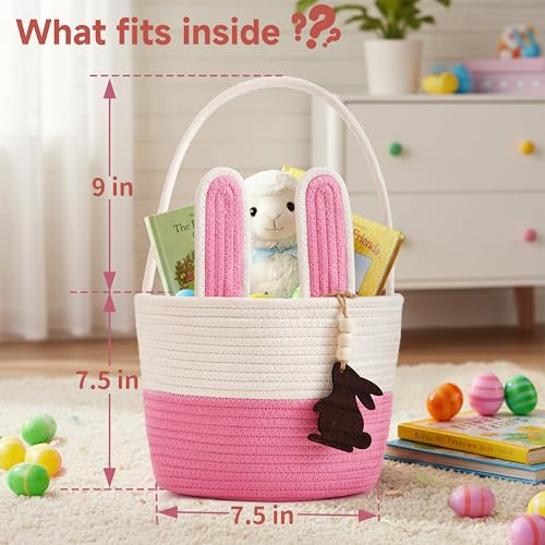 Pro Goleem Easter Basket for Kids, Adorable Woven Egg Hunt Bucket with Handle, Soft First Easter Gift Tote Bag, Nursery Toy Storage Bin with Tag(Pink) - color: white&pink