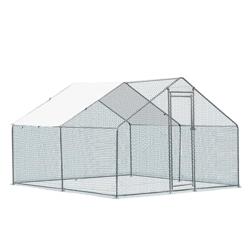 VINGLI Chicken Coop, Large Metal Poultry Cage for Chicken Run, Walk-in Chicken Pen with Waterproof & Anti-UV Cover Outdoor (Silver-Spire Roof, 9.8 * 9.8 * 6.5 ft) - color: Silver-Spire Roof, size: 9.8*9.8*6.5 ft