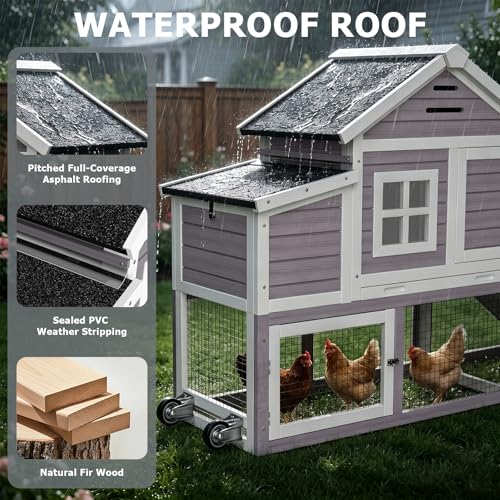 Chicken Coop with Run, Mobile Chicken Coop with Wheels for 4-6 Chickens, Large Outdoor Hen House with Nesting Box, Weatherproof Asphalt Roof, Pull-Out Tray for Small Animals in the Backyard - color: Grey