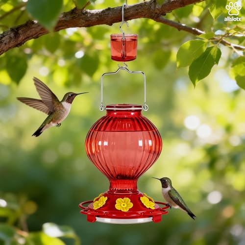 Glass Hummingbird Feeder for Outdoors Hanging, 38 oz Nectar Capacity, 6 Feeding Ports, Leak-Proof Rust-Free Plastic Base, Easy to Refill & Clean, Decorative Red Glass Bird Feeder for Garden Patio - color: Red, size: 38 Fluid Ounces