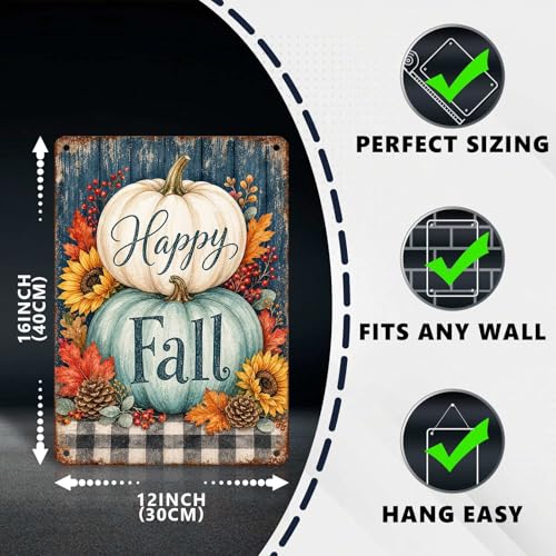 Happy Fall Teal White Pumpkin Pinecone Tin Sign Rustic Buffalo Plaid Wall Art for Entryway Kitchen Dining Room Living Room and Farmhouse Home Decor 16 * 12In - color: Vintage Thanksgiving Tin Sign 14, size: 30X40cm(12*16in)