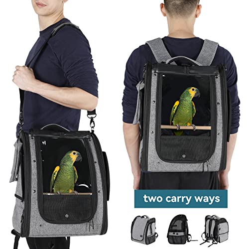 Petsfit Bird Carrier Medium Size with Stainless Steel Bowl, Parrot Backpack Includes Slide Tray for Easy Cleaning, 13" x 10" x 16" - color: Grey A, size: 13"L x 10"W x 16"H