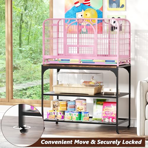 3-Tier Mobile Small Animal Cage Stand with Wood Tabletop, Lockable Caster Wheels, Storage Shelves for Small Animal Habitat for Hamster, Rabbit, Guinea Pig, Furniture Style Design