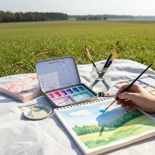 Bower Bird Travel Ceramic Watercolor Palette with Porcelain Mixing Tray, Metal Tin Box, White, 5.3x3.5x0.55 Inches, Portable Art Kit (8Well)