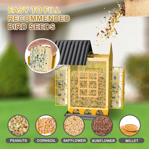 FlowaFoli Bird Feeders for Outdoors Hanging, Metal Bird Feeder with Double Suet Cage Cake, Large Capacity, Birdfeeders Sturdy & Weatherproof, Easy to Clean & Refill, Great for Attracting Wild Birds - color: Yellow